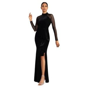 Betsy & Adam Valentina Long Velvet Mesh Illusion Sleeve Black Gown